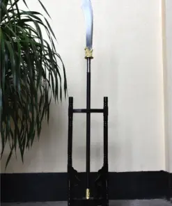A spear stand holding a Chinese Guandao polearm.