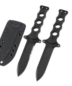 Two black, special ops knife models, displayed next to a knife sheath.