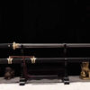 A Chinese Tang Jian sword displayed next to its scabbard, on a wooden stand.