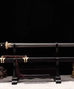 A Chinese Tang Jian sword displayed next to its scabbard, on a wooden stand.