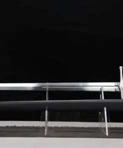 A two handed broad sword displayed next to its scabbard, on a small stand.