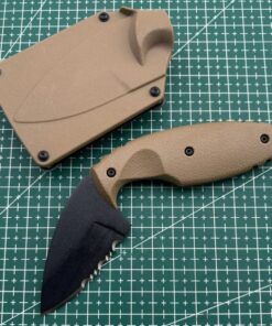 A small combat knife displayed next to its sheath.