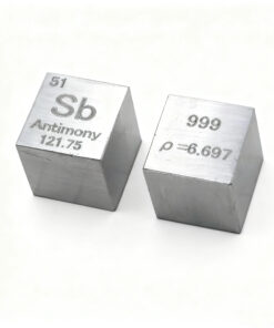 Two pure antimony metal cubes.