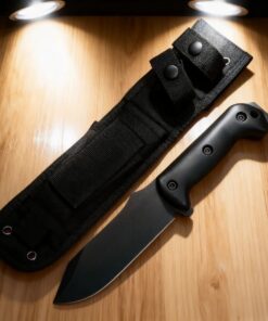 A black bushcraft survival knife, displayed nest to its sheath.