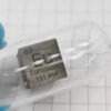 A pure europium metal cube sample, encased in glass ampoule.