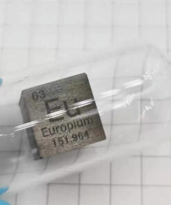 A pure europium metal cube sample, encased in glass ampoule.