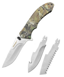 A folding deer field dressing knife, with three removable blades.