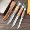 Three fixed blade hunting knives displayed next to a leather knife sheath.