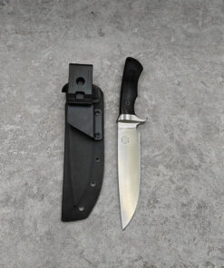 A fixed blade survival knife displayed next to its kydex sheath.