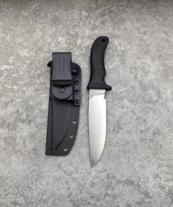 A full tang survival knife, displayed next to its Kydesx sheath.