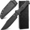 A good survival knife, dispplayed next to its sheath and box.
