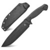 A large survival knife displayed next to its Kydex sheath.