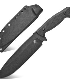 A large survival knife displayed next to its Kydex sheath.