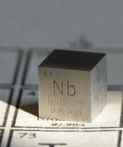 A pure nobium metal cube sample.