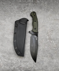 A fixed blade survival bushcraft knife, displayed next to its sheath.