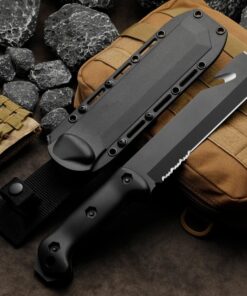 A survival chopper knife with a chisel blade grind, displayed next to its sheath.