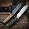 Two survival fixed blade knife models, displayed lying against a knife sheath.