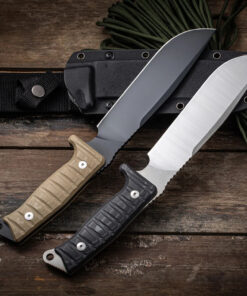 Two survival fixed blade knife models, displayed lying against a knife sheath.