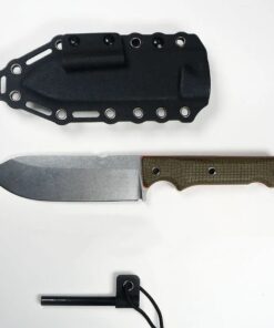 A survival knife with fire starter flint, displayed next to its Kydex sheath.