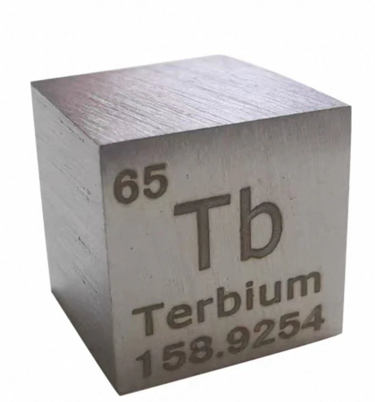 Terbium Metal A pure terbium metal cube sample.