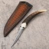 A deer antler handle knife displayed next to its leather sheath.