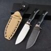 Two bush craft knife models displayed next to a Kydex sheath.