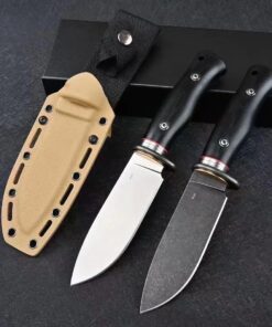 Two bush craft knife models displayed next to a Kydex sheath.