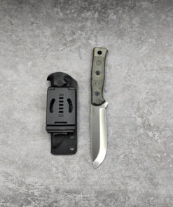 A fixed blade bushcraft knife displayed next to its Kydex sheath.