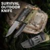 Two bushcraft clip point knife models, displayed lying against a small camouflage bag, next to a Kydex sheath.