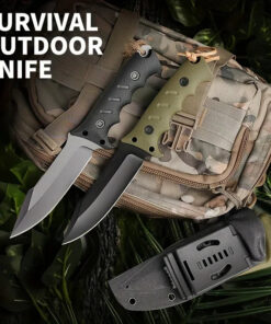 Two bushcraft clip point knife models, displayed lying against a small camouflage bag, next to a Kydex sheath.