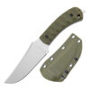 A bushcraft D2 steel knife, displayed next to its army green colored Kydex sheath.
