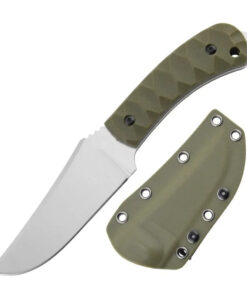 A bushcraft D2 steel knife, displayed next to its army green colored Kydex sheath.