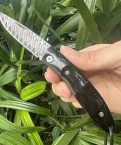 A Man's hand holding a bone handle Damascus pocket knife.