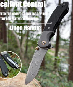 A Damascus steel pocket knife with its blade struck into a wood log, displayed against a forest background.