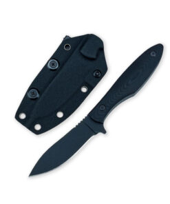A Nessmuk deer knife displayed next to its sheath.