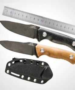 Two bushcraft drop point knife models, displayed next to a stel ruler and a Kydex sheath.