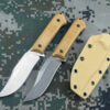 Two hunting fixed blade knife models, displayed next to a Kydex sheath.