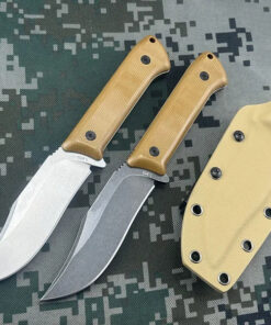 Two hunting fixed blade knife models, displayed next to a Kydex sheath.