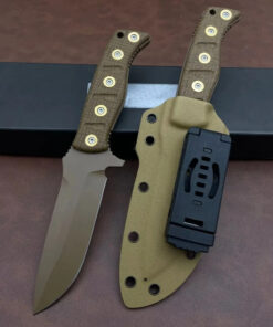 A bushcraft fixed blade knife with sheath.