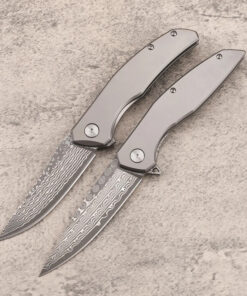 Two folding Damascus knife models.