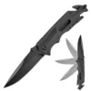 A rescue knife with glass breaker and seat belt cutter.