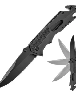 A rescue knife with glass breaker and seat belt cutter.