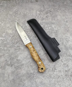 A bushcraft wooden handle knife, displayed next to its sheath.