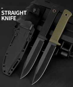 Two single edged knife models, displayed next to a Kydex knife sheath.