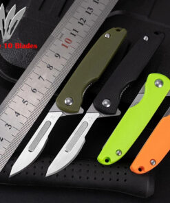 Multiple folding squirrel knife models displayed in opened and closed positions, next to a steel ruler.