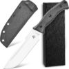 A stainless steel survival knife, displayed next to its Kydex sheath and box.
