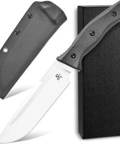 A stainless steel survival knife, displayed next to its Kydex sheath and box.