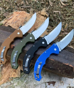 Four curved folding knife models of differing color.