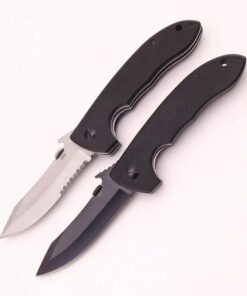 Two folding fighting knife models displayed.