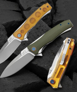 Three bushcraft folding knife models displayed.
